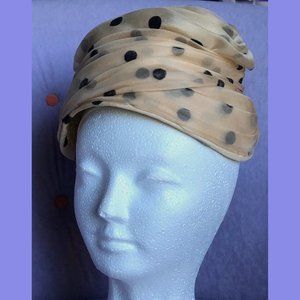 VINTAGE CHEZ ORIGINAL PILLBOX TURBAN HAT CHAMPAGNE TULLE with BLACK POLKA DOTS
